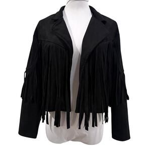 SHEIN Black Faux Suede Fringe Jacket Small Western Cowgirl Boho Festival Retro